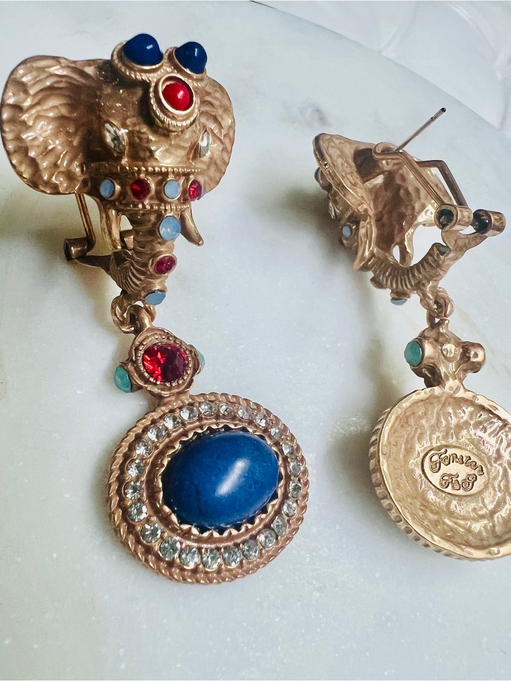 Vintage Gold-Tone Elephant Drop Earrings with Blue and Red Stones-Pierced - Picture 4 of 8